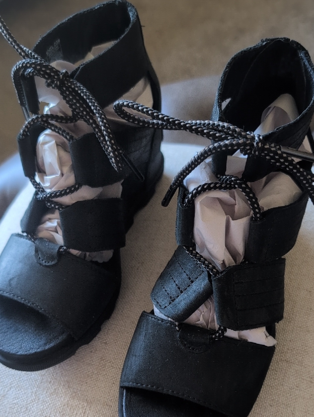 Sorel Black Strappy Lace-Up Wedge Sandals